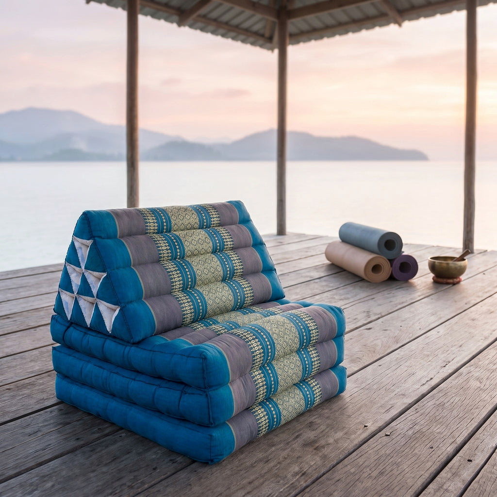 Blue Thai triangle floor mattress daybed, folded, on a lakeside pavilion at dawn