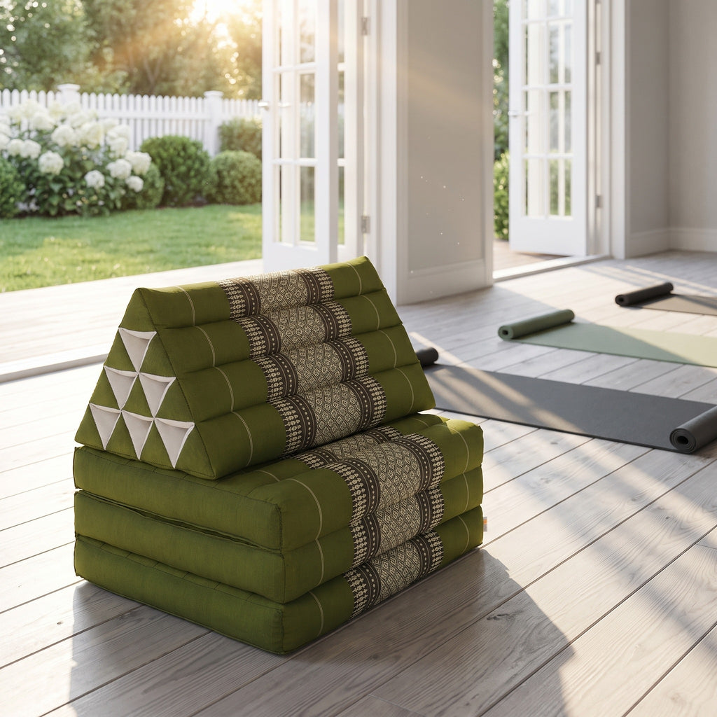 Green Thai triangle floor mattress daybed, folded, in a garden yoga studio