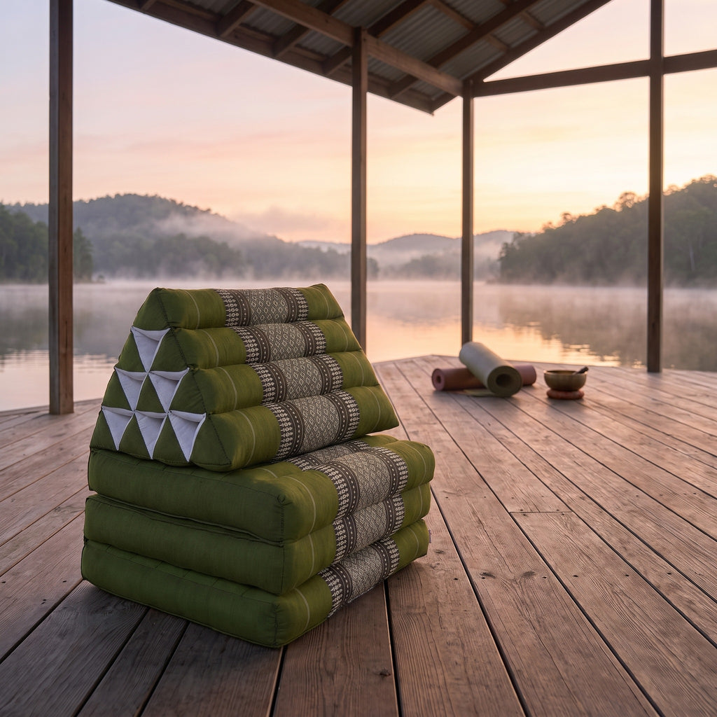 Green Thai triangle floor mattress daybed, folded, on a lakeside pavilion at dawn