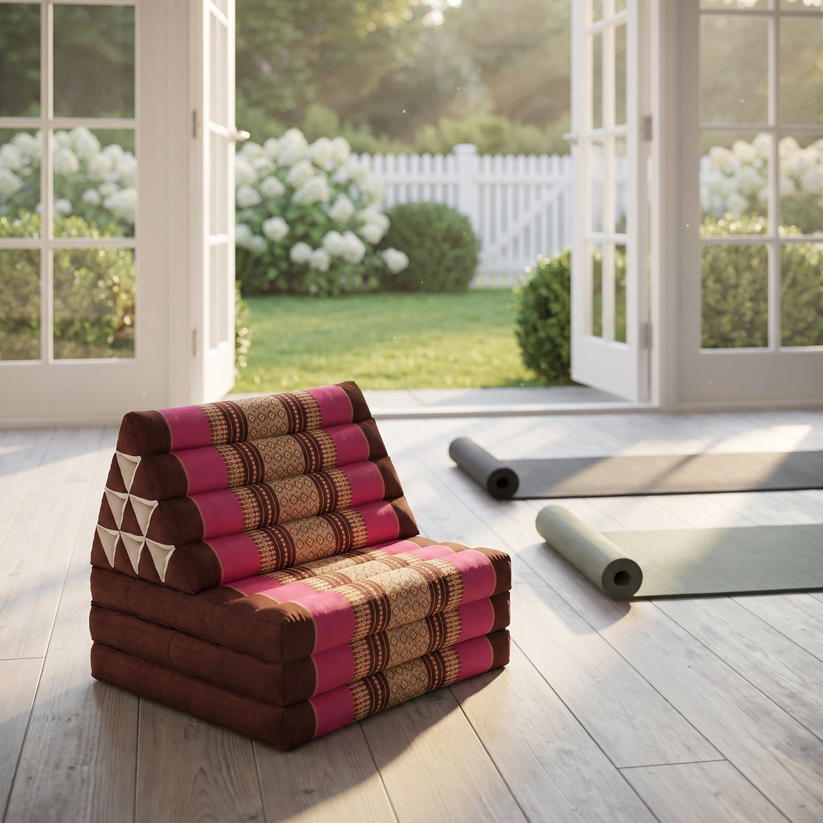 Pink Thai triangle floor mattress daybed, folded, in a garden yoga studio