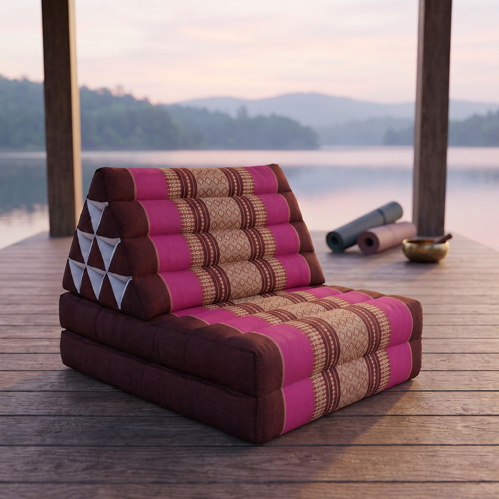 Pink Thai triangle floor mattress daybed, folded, on a lakeside pavilion at dawn