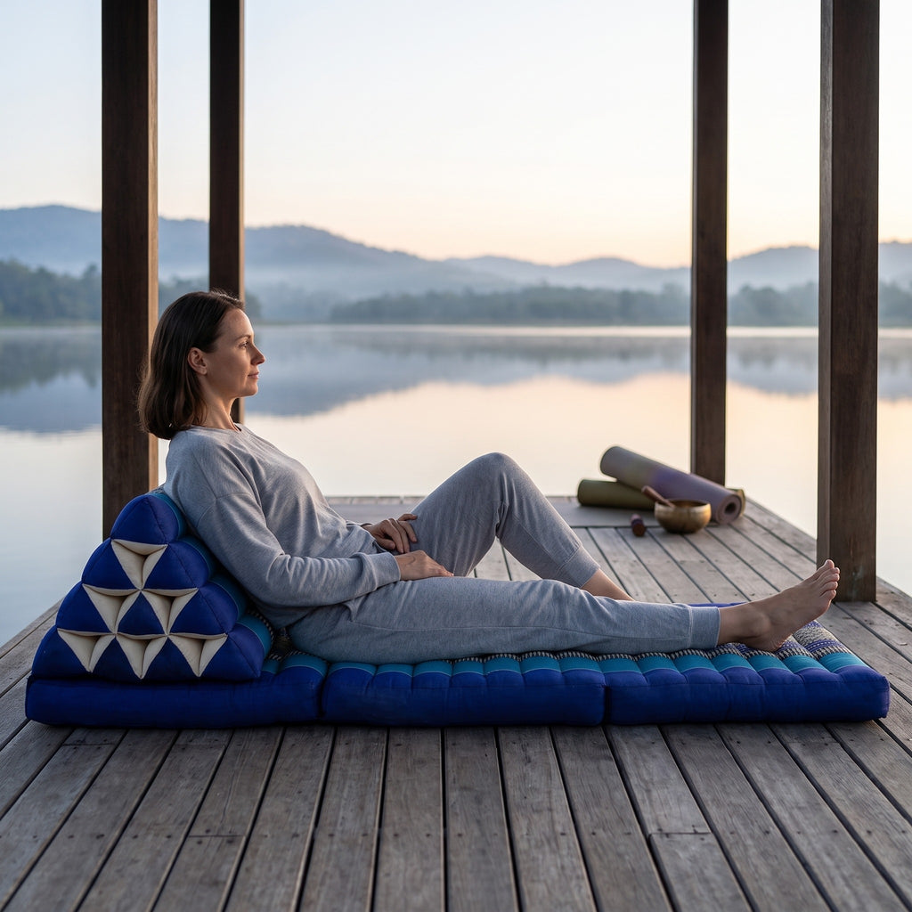 Woman reclining on a navy Thai triangle floor mattress opened out as a lounger, on a lakeside pavilion at dawn