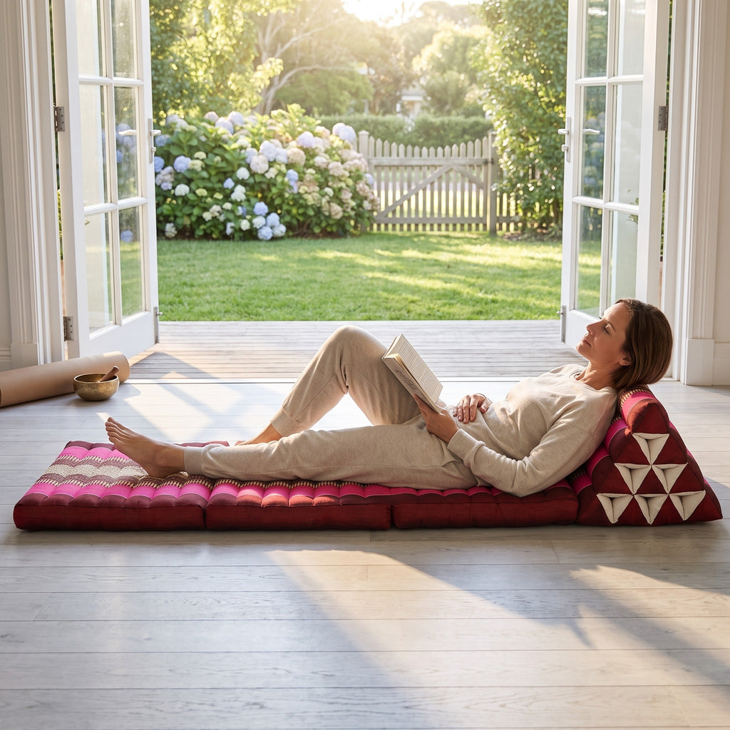Woman reclining on a pink Thai triangle floor mattress opened out as a lounger, in a garden sunroom