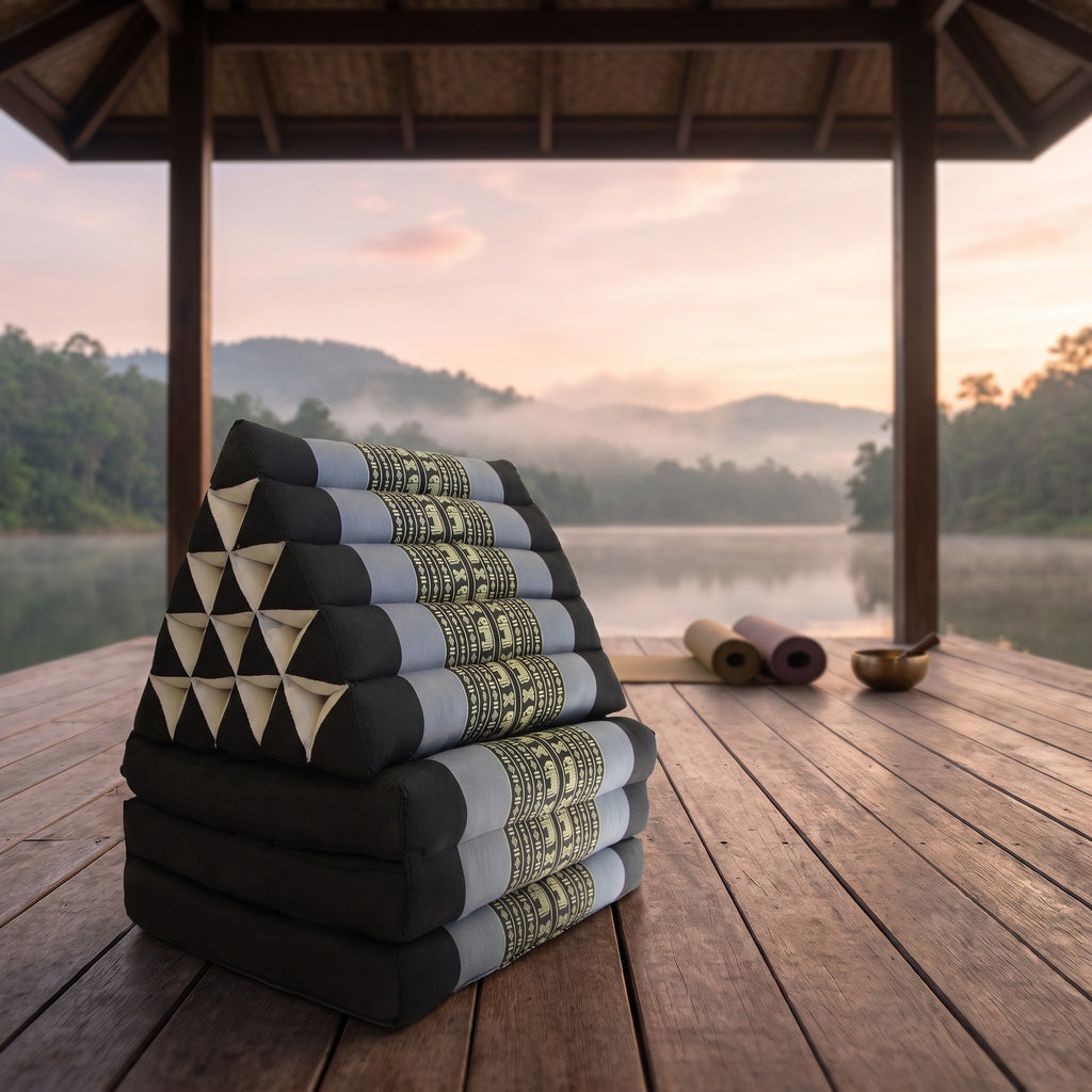 Blue Elephant Jumbo 3-fold Thai triangle floor mattress, folded, on a lakeside pavilion at dawn
