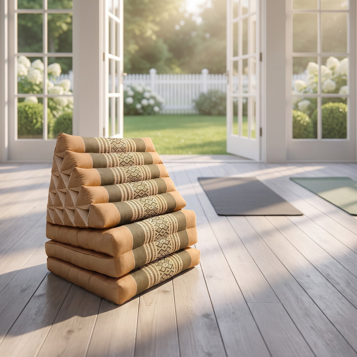 Cream Jumbo 3-fold Thai triangle floor mattress, folded, in a garden yoga studio