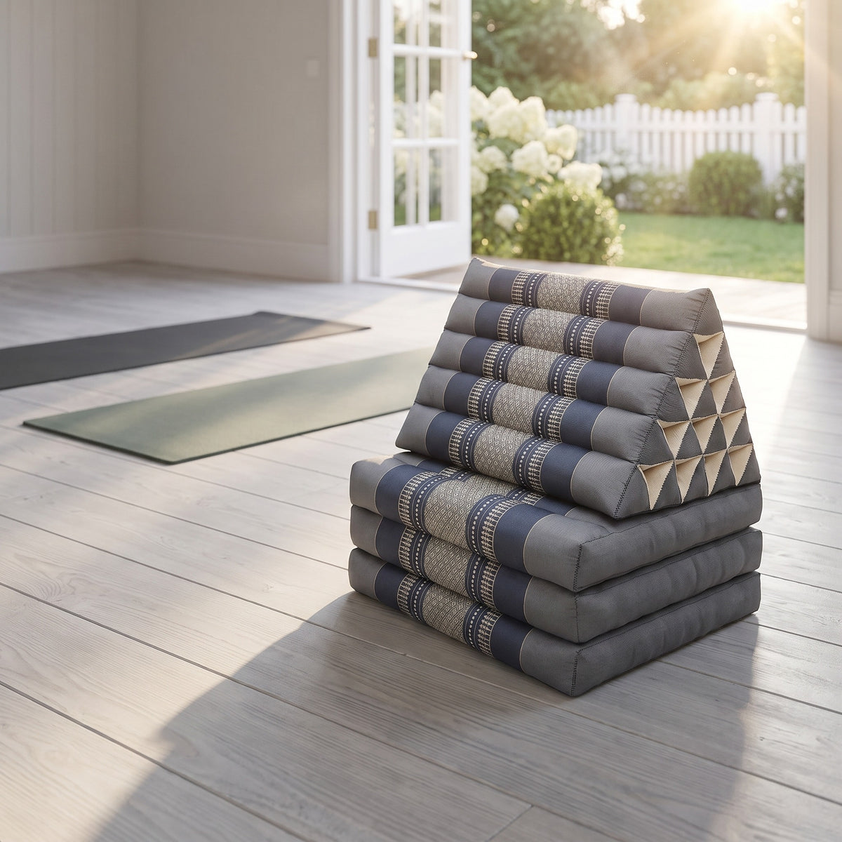 Grey-blue Jumbo 3-fold Thai triangle floor mattress, folded, in a garden yoga studio