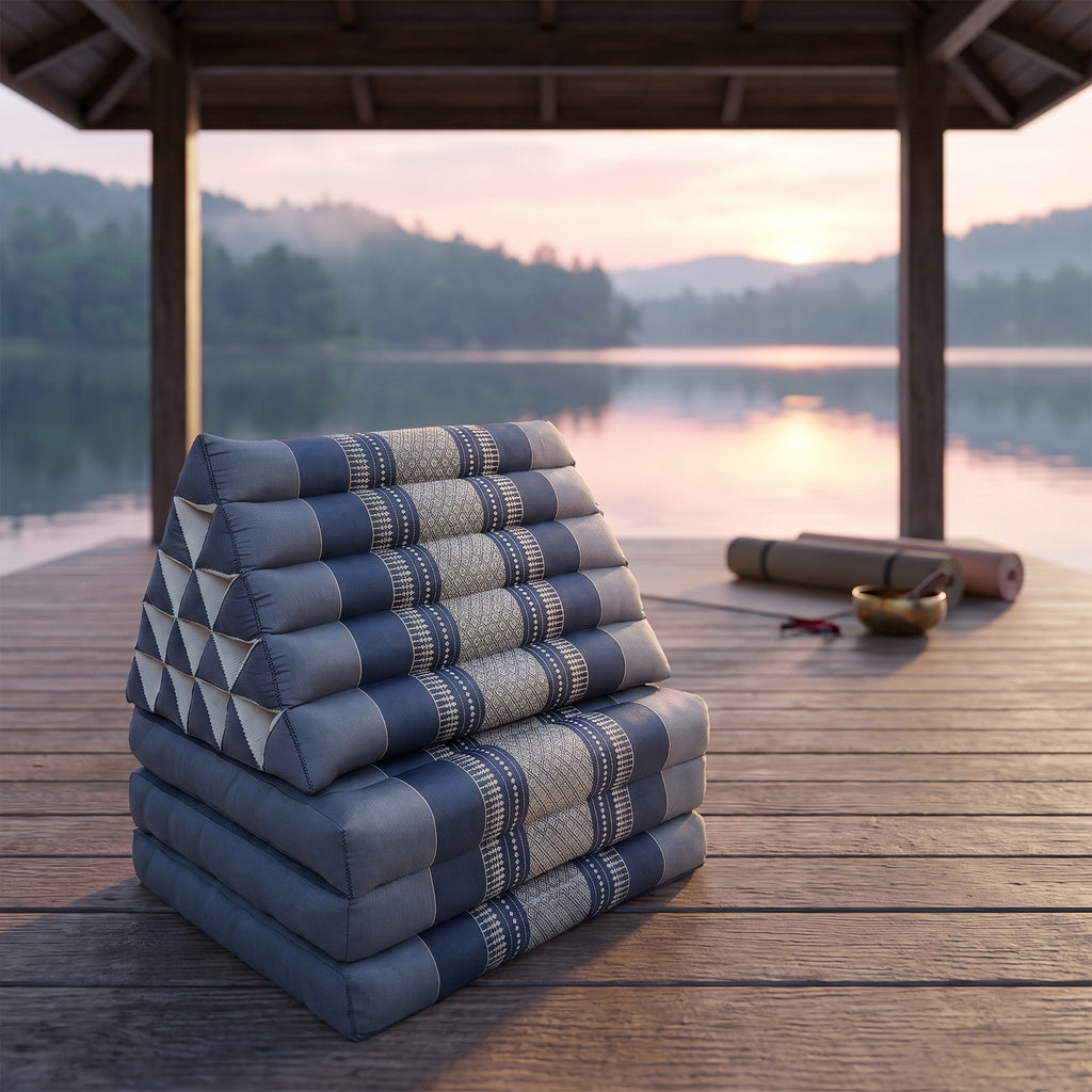 Grey-blue Jumbo 3-fold Thai triangle floor mattress, folded, on a lakeside pavilion at dawn