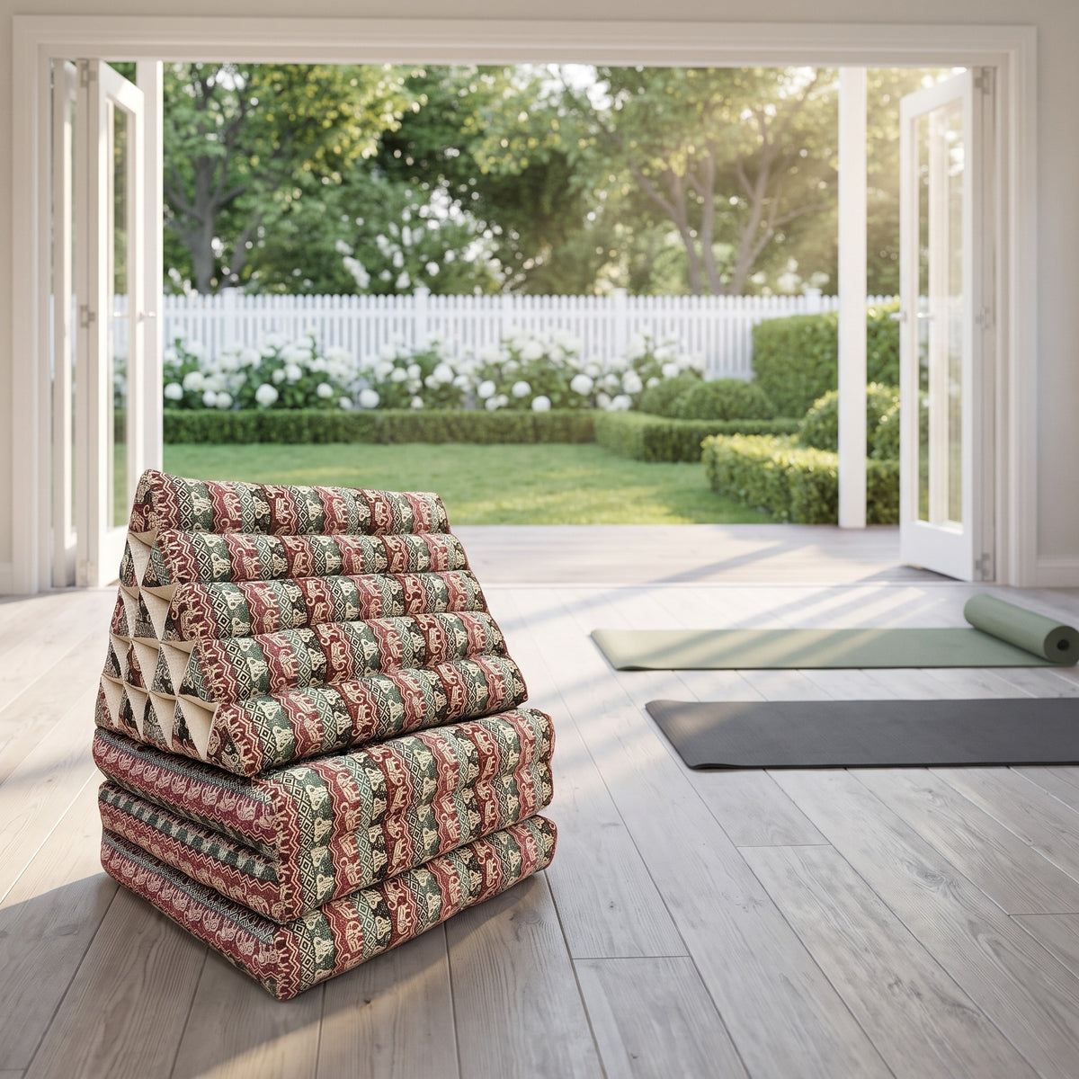 Mix Elephant Jumbo 3-fold Thai triangle floor mattress, folded, in a garden yoga studio