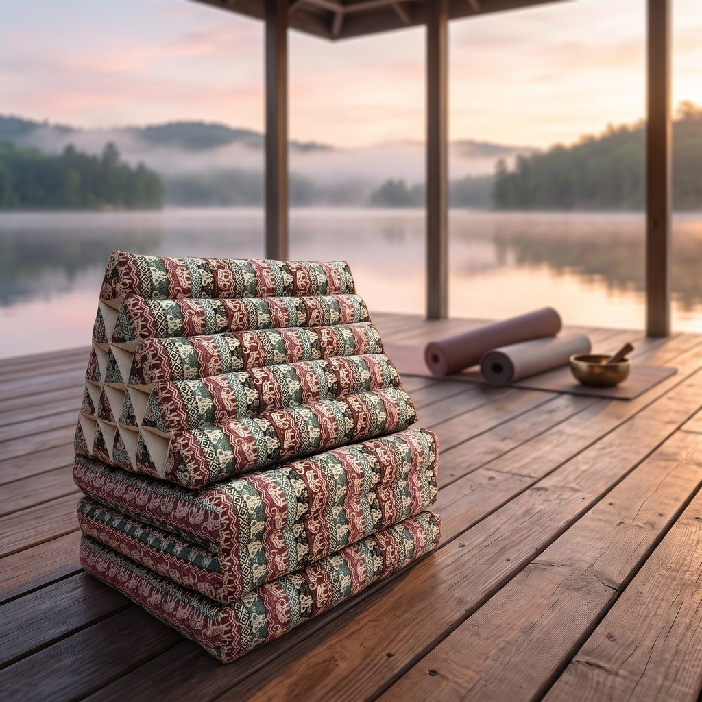 Mix Elephant Jumbo 3-fold Thai triangle floor mattress, folded, on a lakeside pavilion at dawn