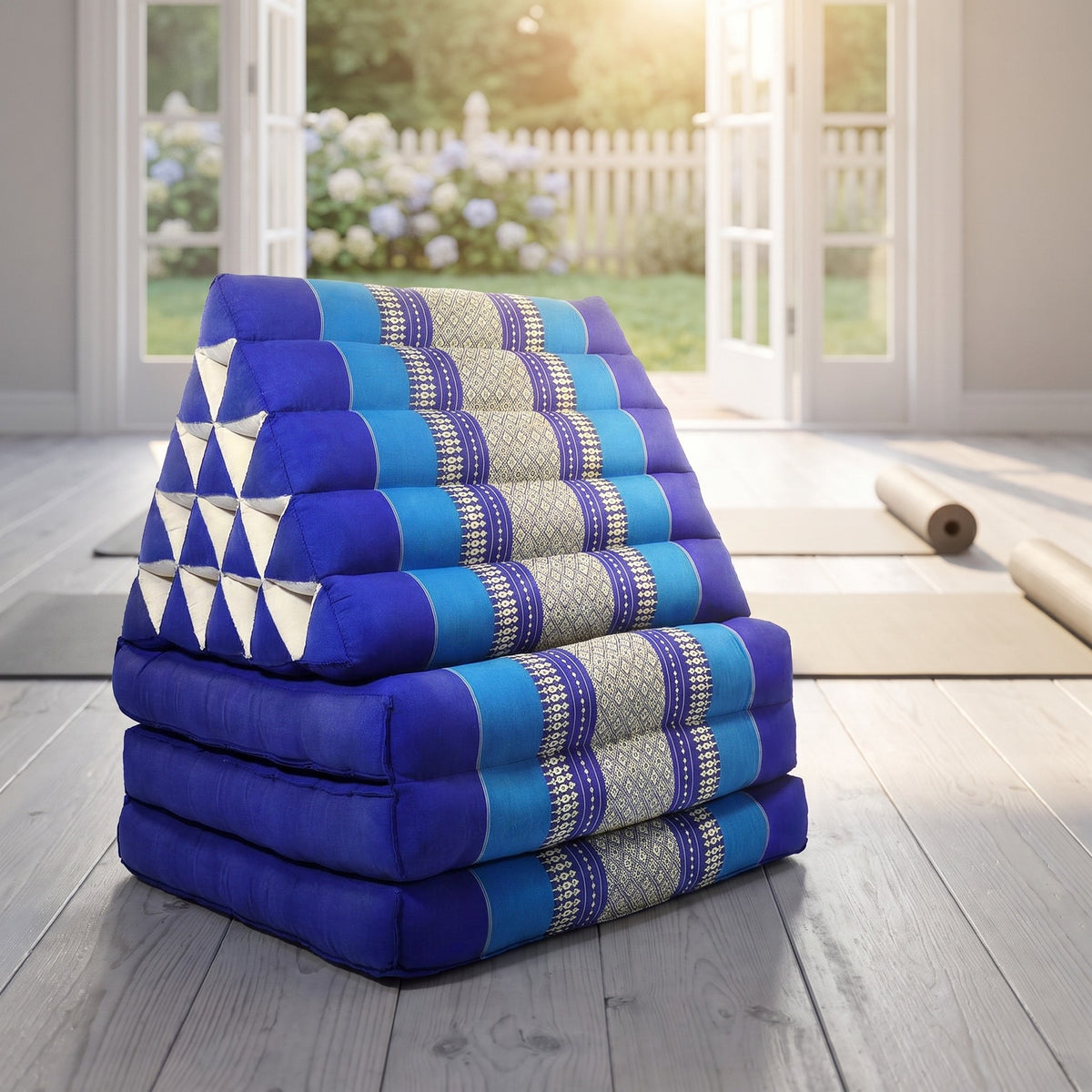 Navy Jumbo 3-fold Thai triangle floor mattress, folded, in a garden yoga studio