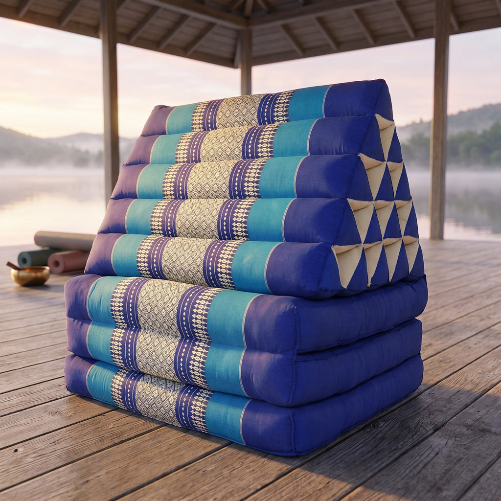 Navy Jumbo 3-fold Thai triangle floor mattress, folded, on a lakeside pavilion at dawn