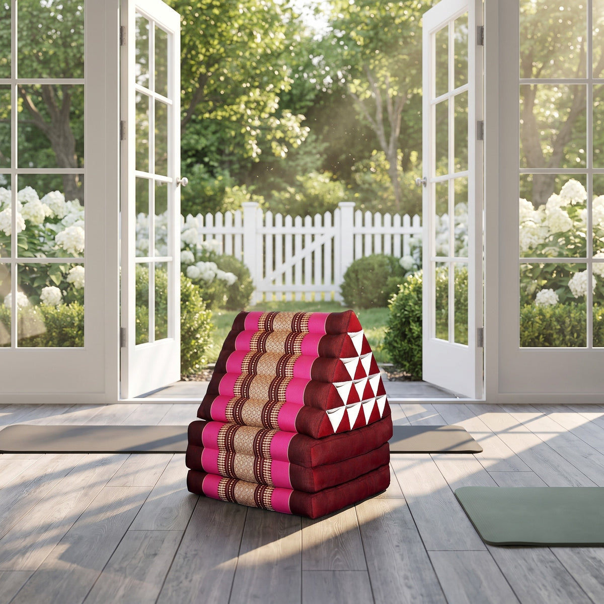 Pink Jumbo 3-fold Thai triangle floor mattress, folded, in a garden yoga studio