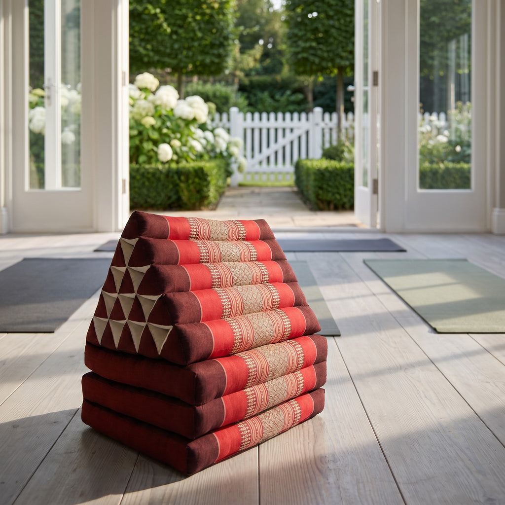 Red Jumbo 3-fold Thai triangle floor mattress, folded, in a garden yoga studio