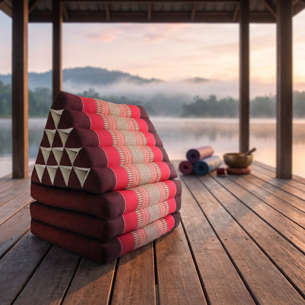 Red Jumbo 3-fold Thai triangle floor mattress, folded, on a lakeside pavilion at dawn