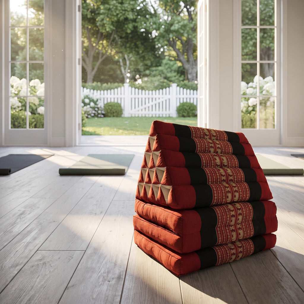 Red Elephant Jumbo 3-fold Thai triangle floor mattress, folded, in a garden yoga studio