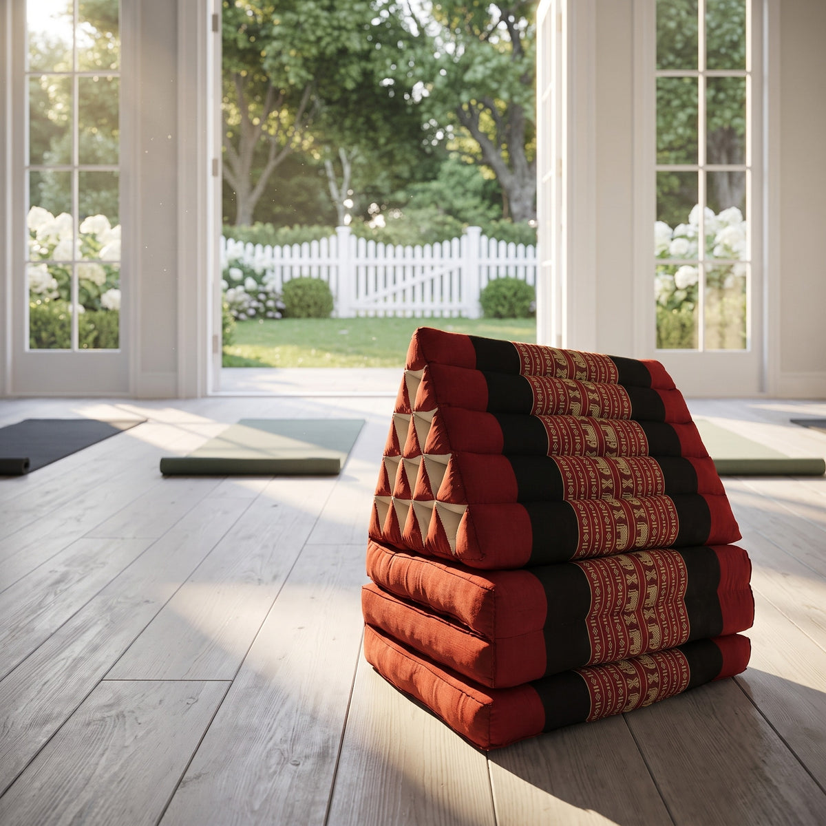 Red Elephant Jumbo 3-fold Thai triangle floor mattress, folded, in a garden yoga studio