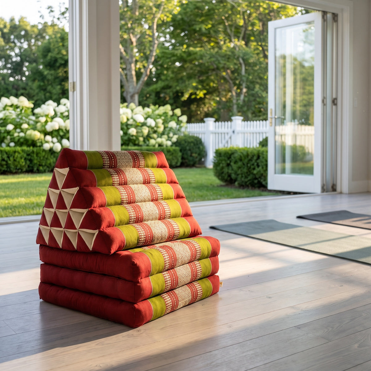Red and green Jumbo 3-fold Thai triangle floor mattress, folded, in a garden yoga studio