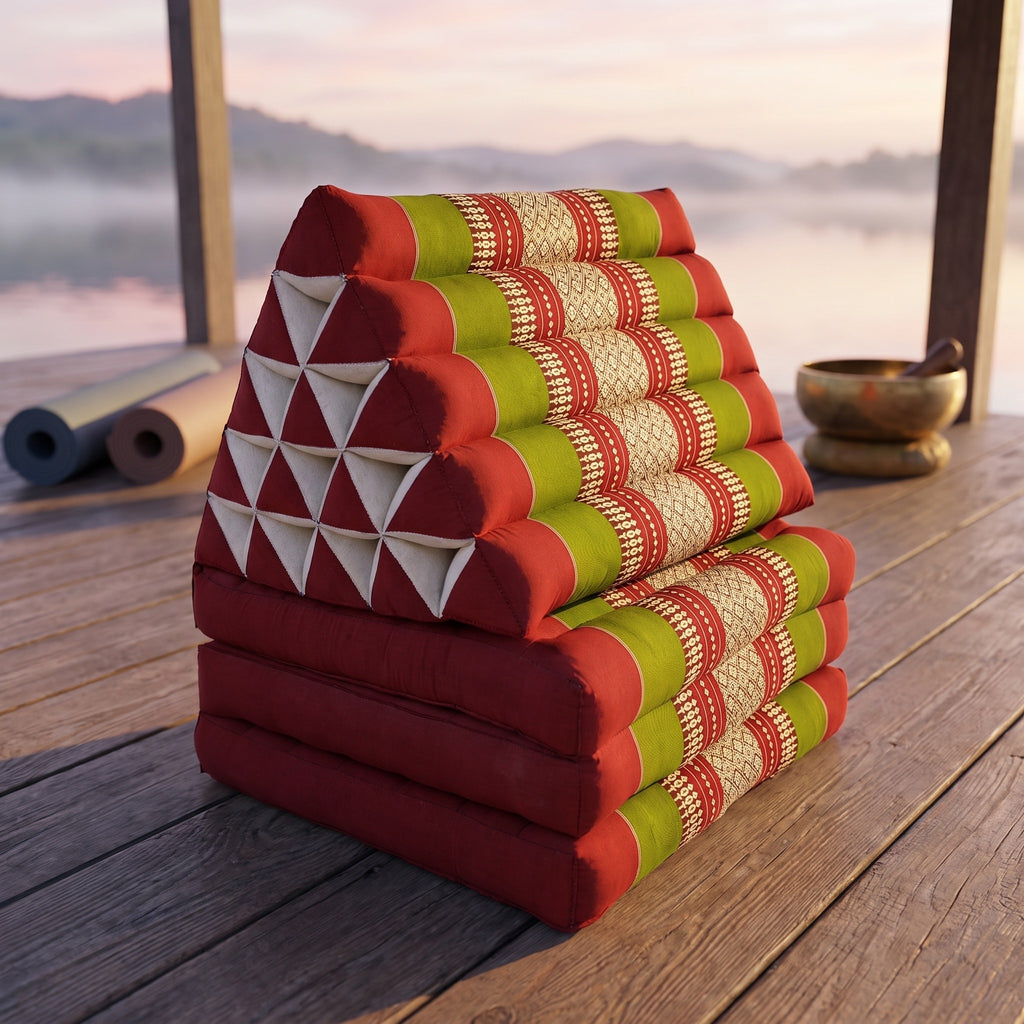 Red and green Jumbo 3-fold Thai triangle floor mattress, folded, on a lakeside pavilion at dawn