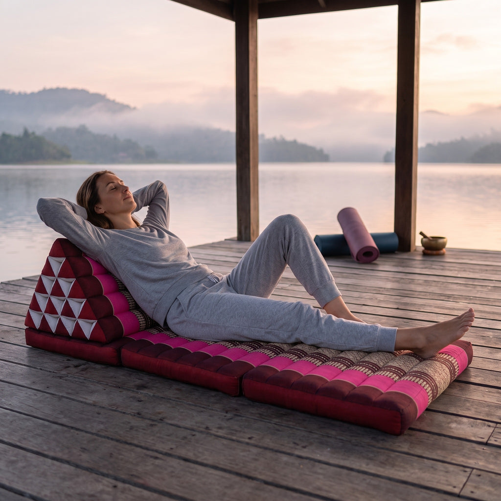 Woman lying back, hands behind her head, on a pink Jumbo Thai triangle floor mattress opened out as a lounger, on a lakeside pavilion at dawn
