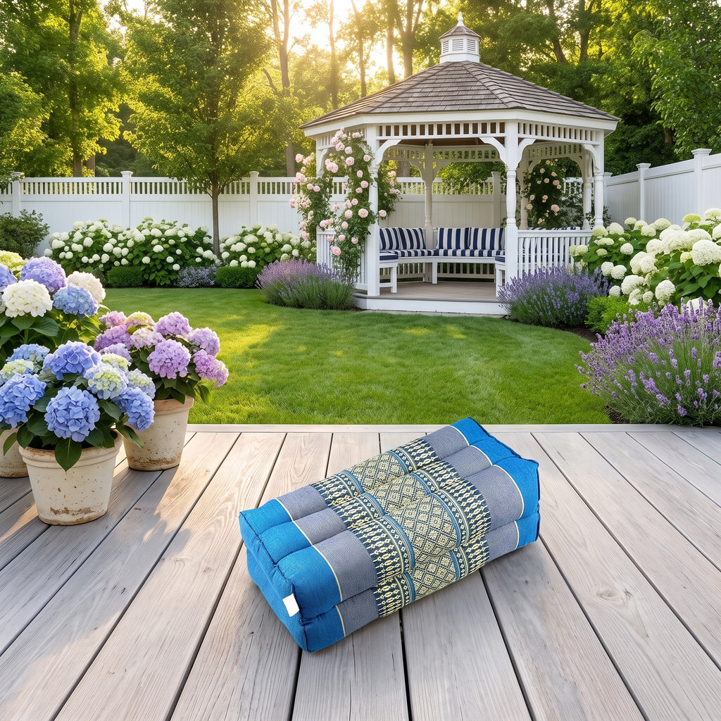 Blue Thai kapok yoga block on a Hamptons garden deck
