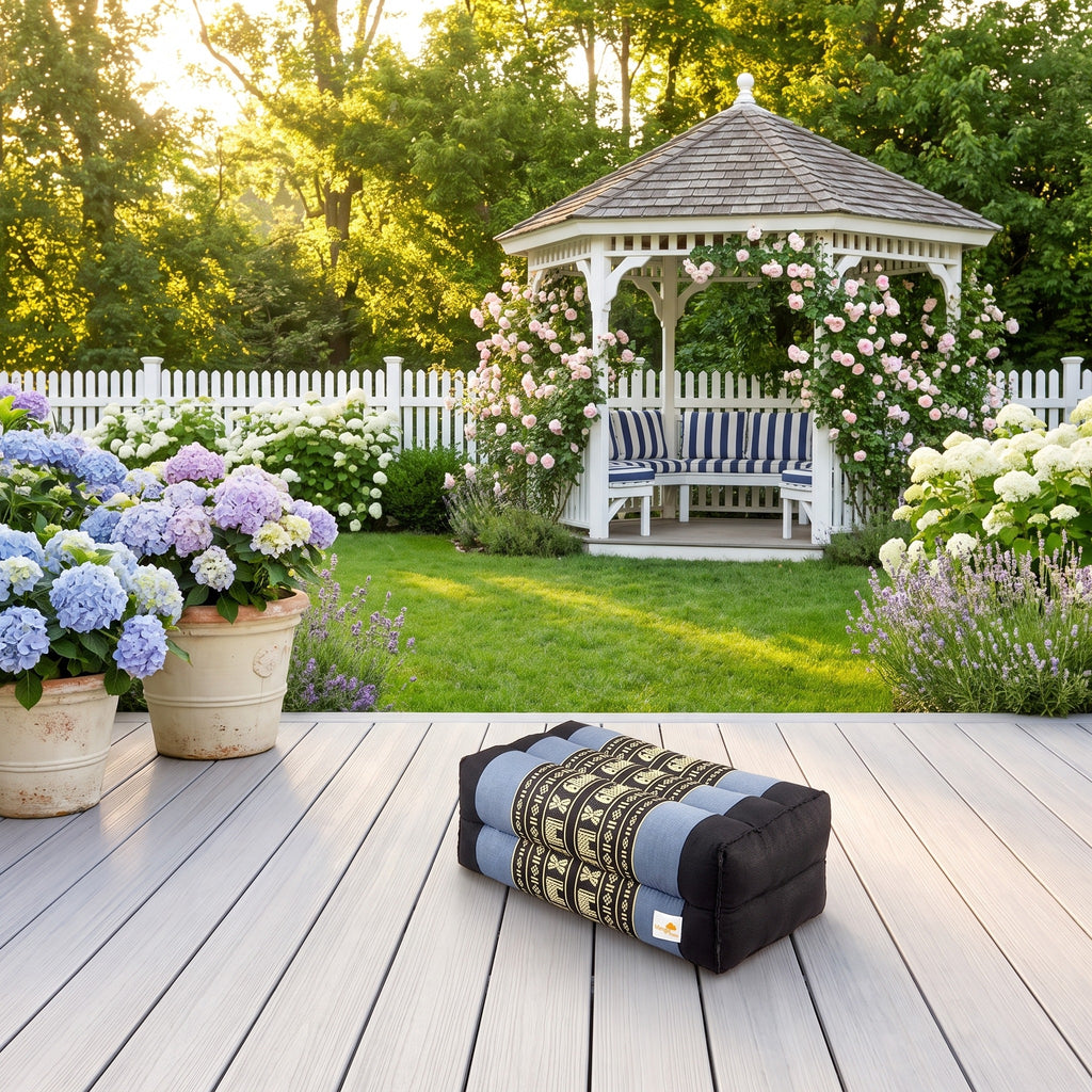 Blue elephant pattern Thai kapok yoga block on a Hamptons garden deck