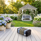 Blue elephant pattern Thai kapok yoga block on a Hamptons garden deck