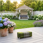 Green Thai kapok yoga block on a Hamptons garden deck