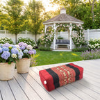 Red elephant pattern Thai kapok yoga block on a Hamptons garden deck