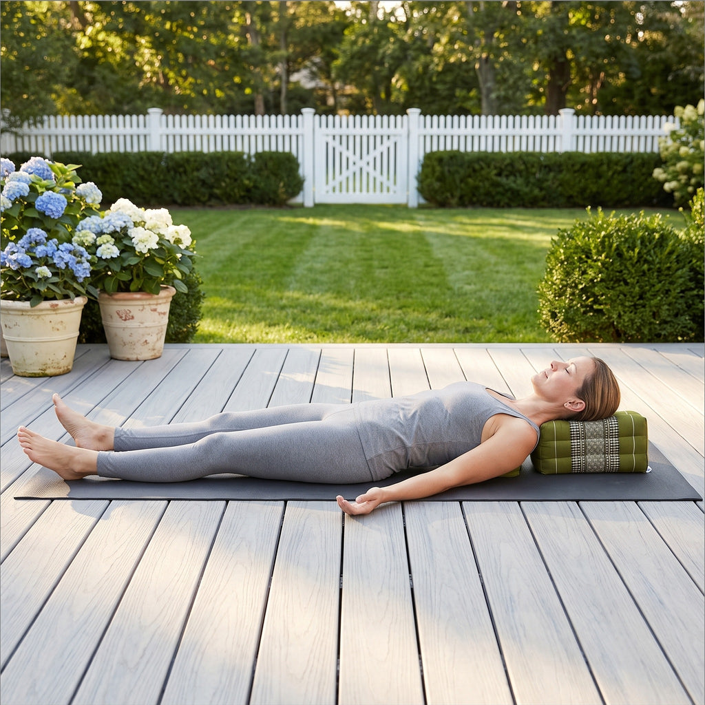 Woman in savasana with a green Thai kapok yoga block supporting her head