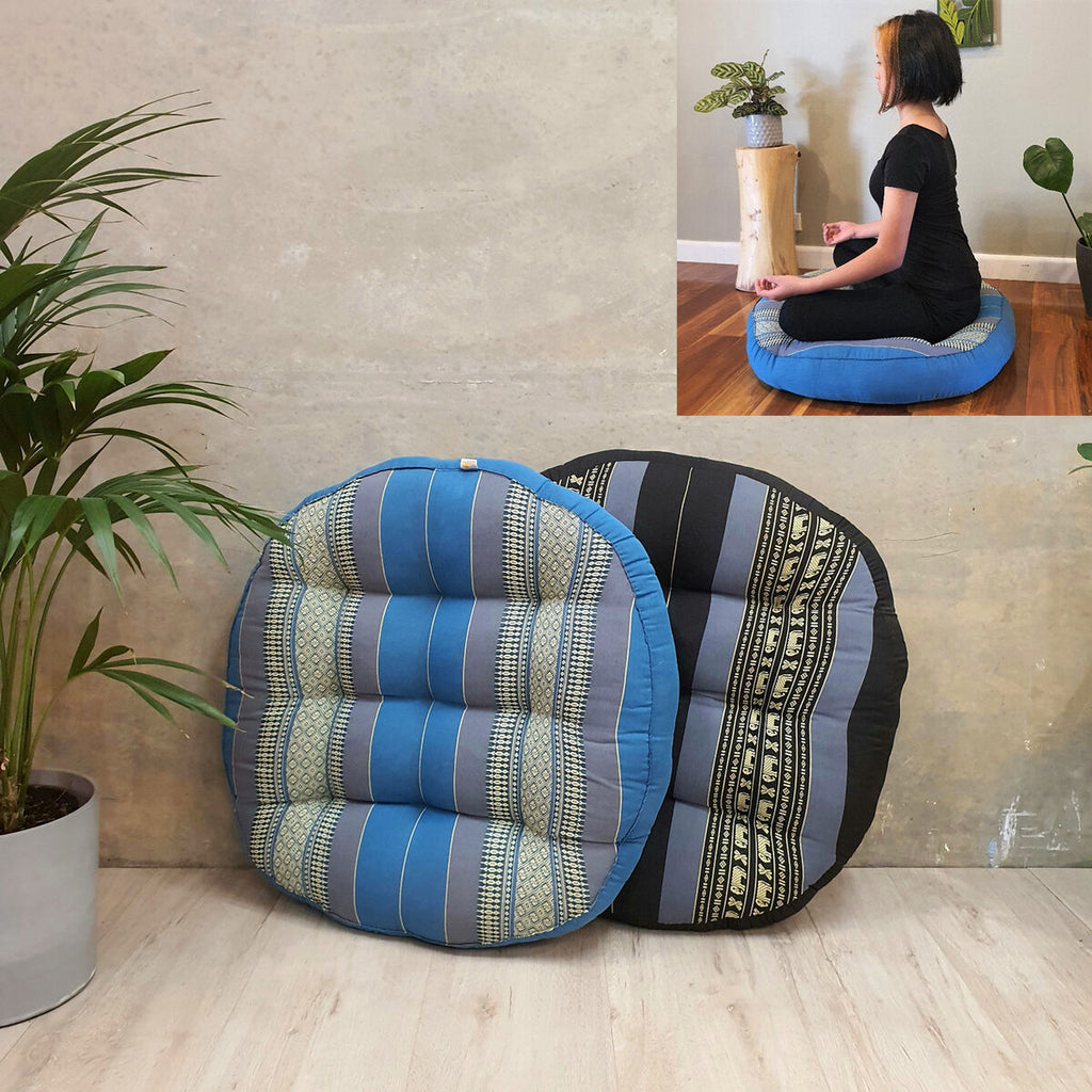 Blue and Blue Elephant jumbo round kapok meditation cushions with seated size reference