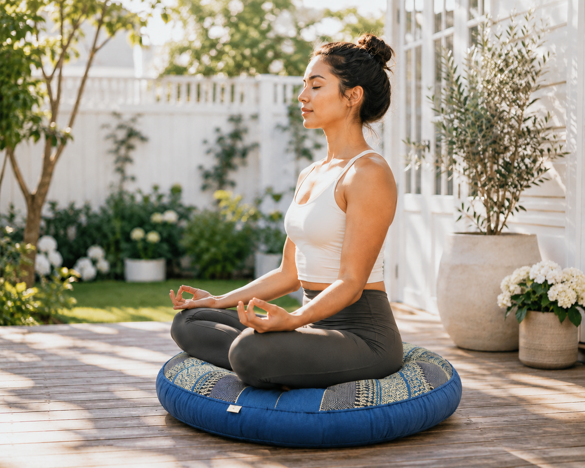 Woman meditating on a blue 75cm round Thai kapok zabuton outdoors