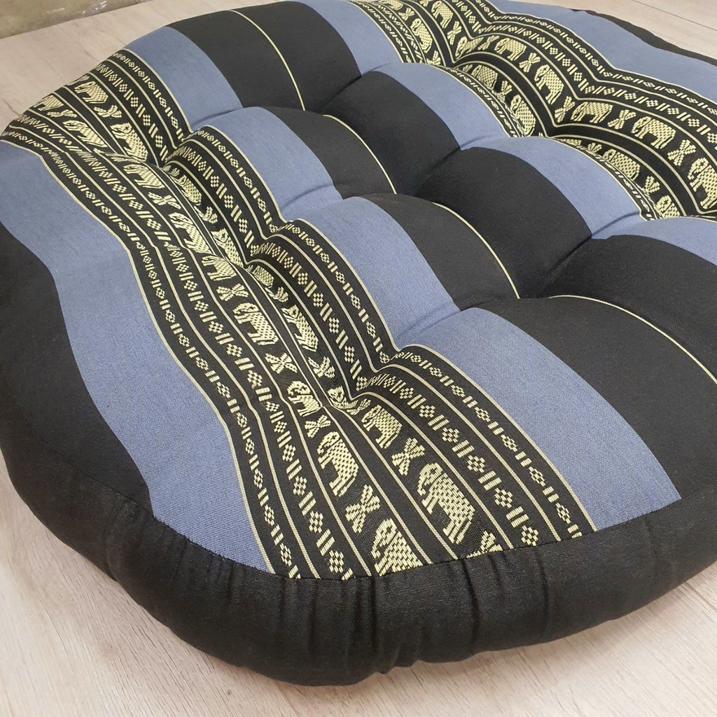 Blue Elephant Thai kapok meditation cushion tufting and elephant fabric detail