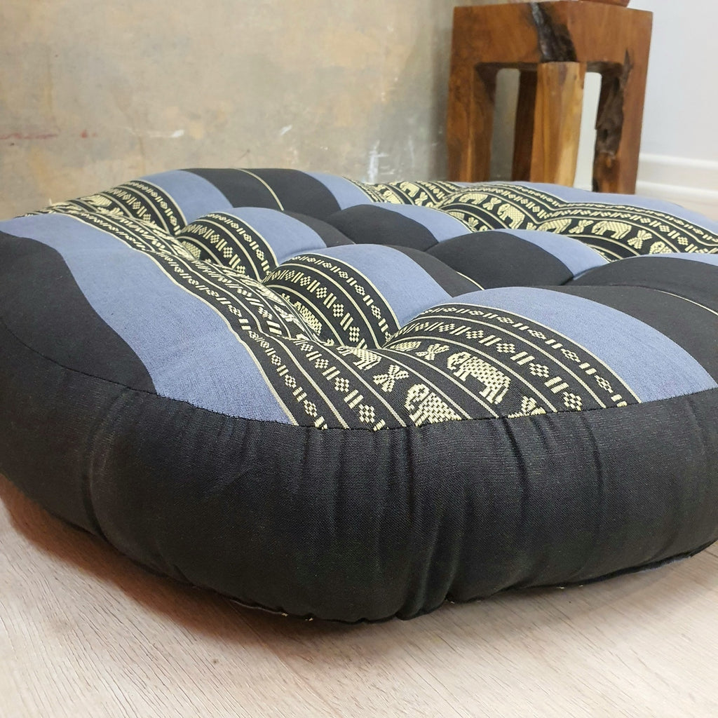 Blue Elephant jumbo round Thai kapok meditation cushion, low side detail