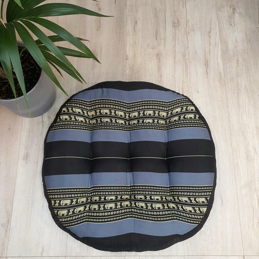 Blue Elephant jumbo round Thai kapok meditation cushion, top view
