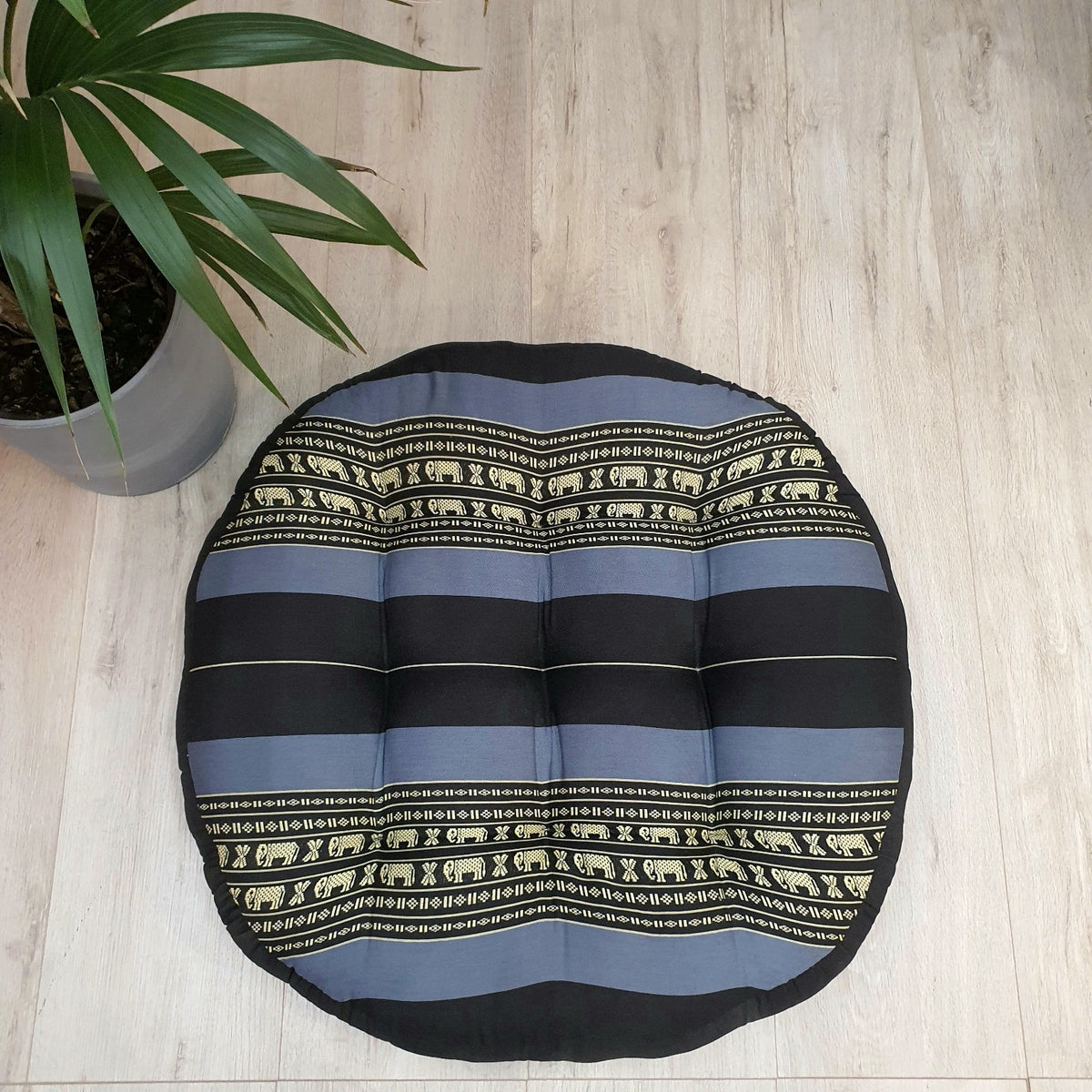 Blue Elephant jumbo round Thai kapok meditation cushion, top view
