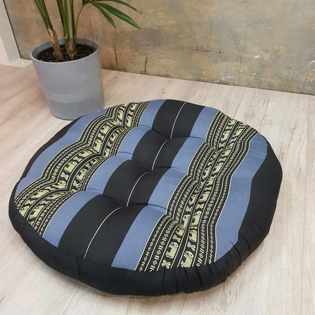 Blue Elephant jumbo round Thai kapok meditation cushion, angled view