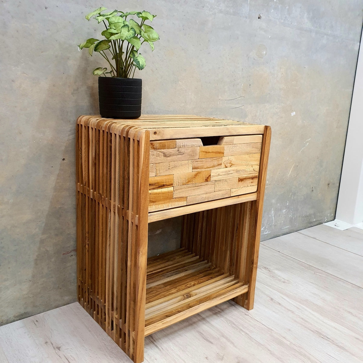 "Davies" Retro Bedside Table Cabinet/Nightstand with Drawer Reclaimed Teak Wood