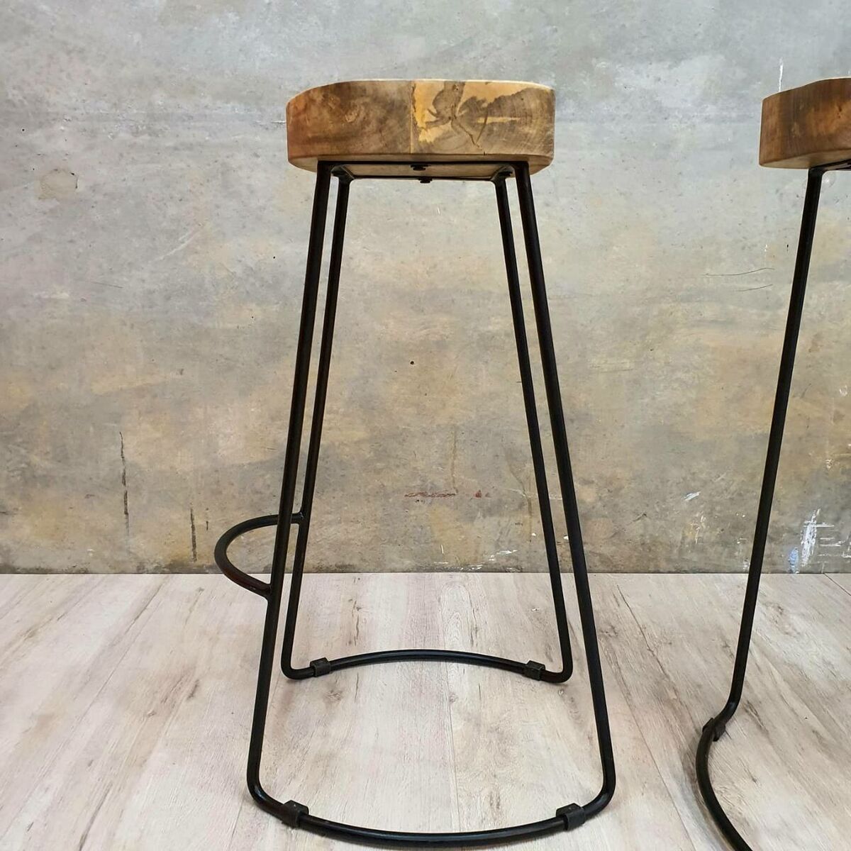 2x "Hermes" Bar Stools Ergonomic Design Carved Mango Wood Seating