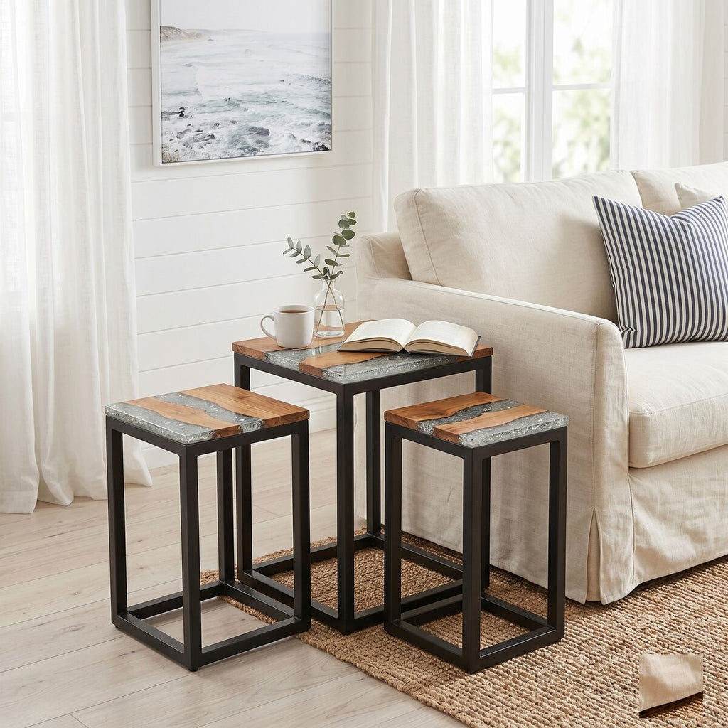 "George Mobbs" Nesting Tables 3 pcs Solid Teak Wood and Polyresin
