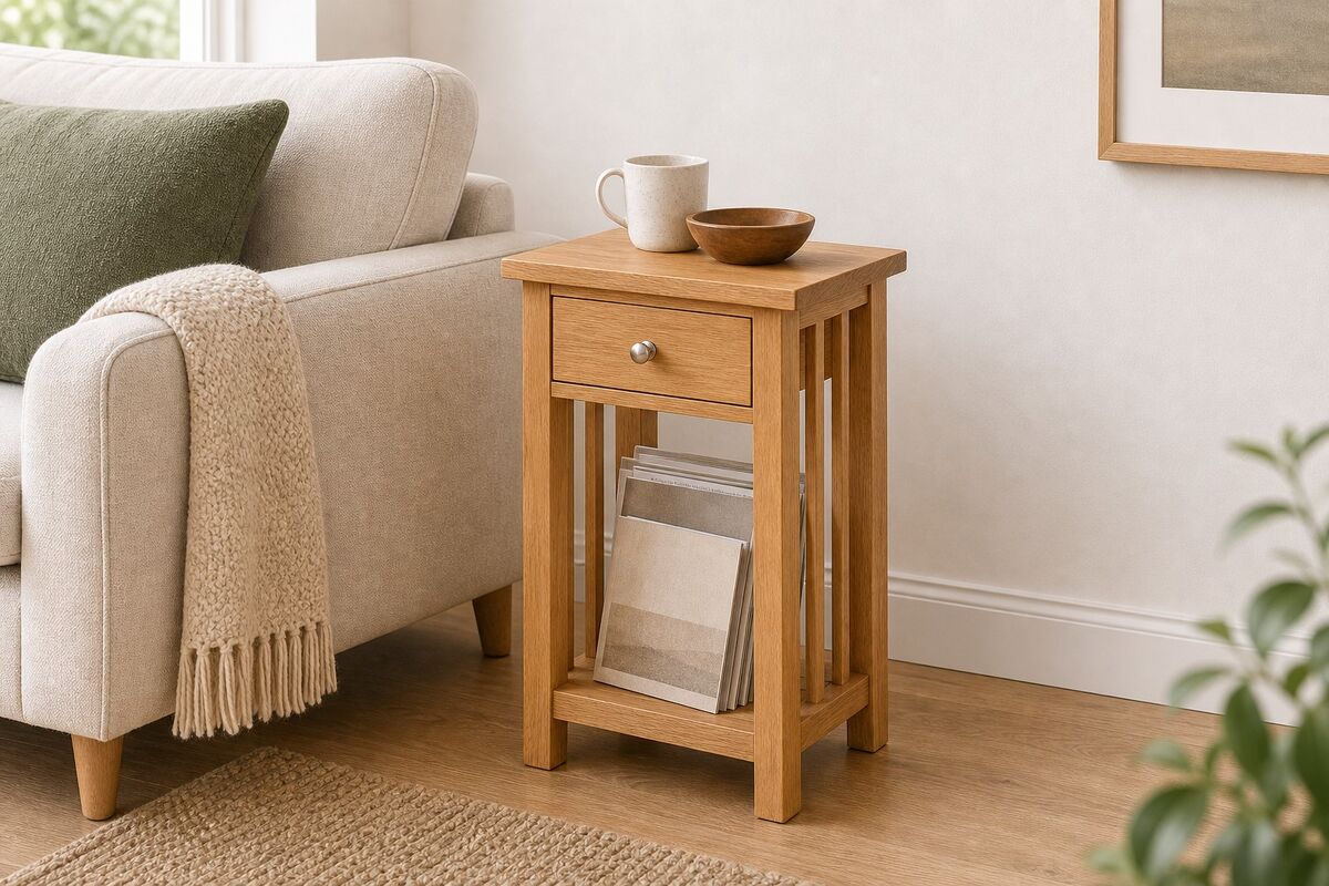 "Honeytree" Solid Oak Wood Magazine Table with Drawer