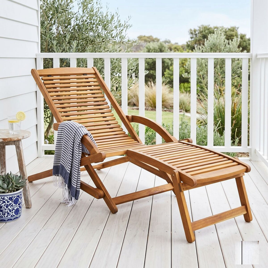 "Lotus" Deck Chair with Footrest Solid Acacia Wood